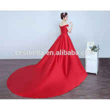 2017 Red Satin schönes Abendkleid mit langem Schwanz-Abschlussball-Kleid Roter langer Zug